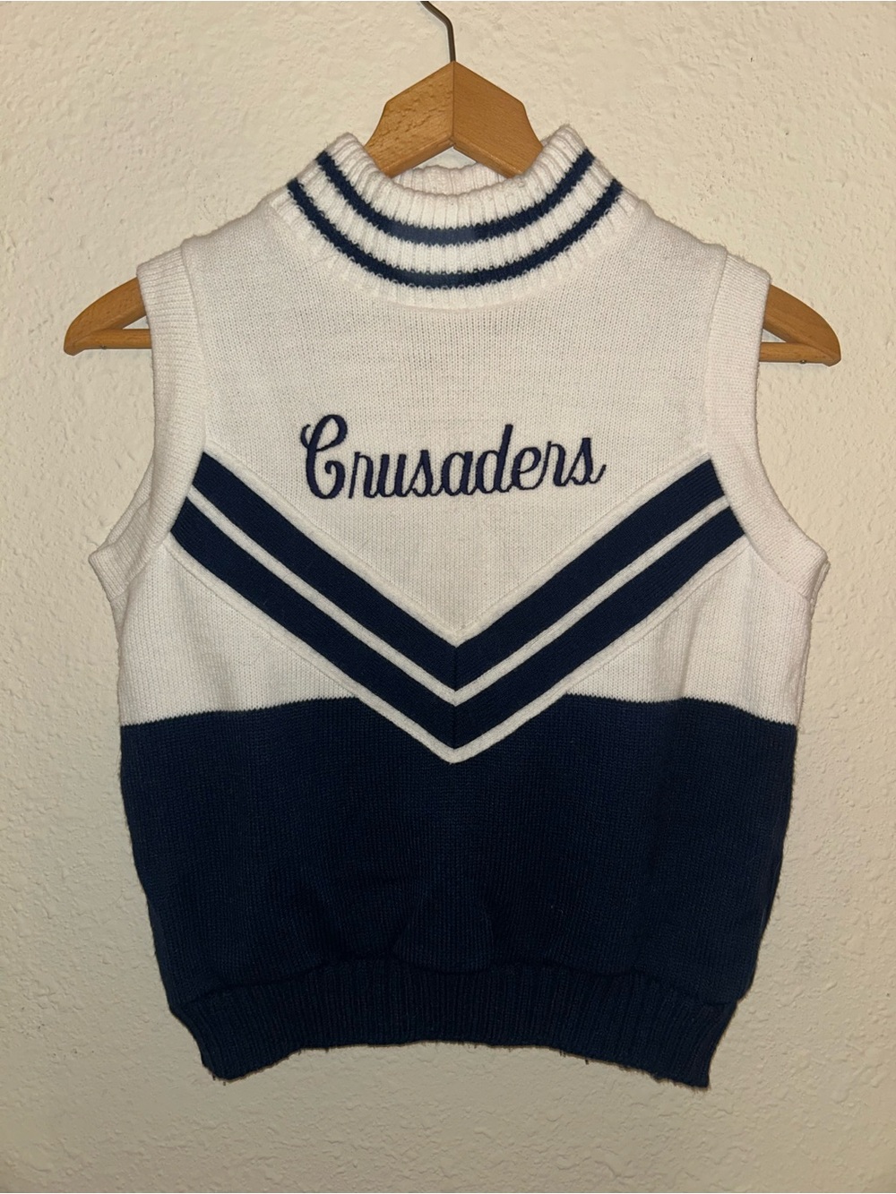 Vintage Dehen 1970s Crusaders Navy and White Sleeveless Knit Sweater Vest